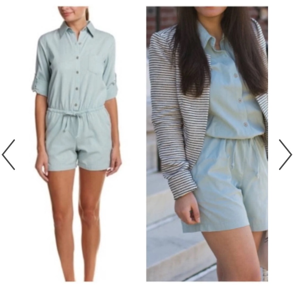 Cabi Alexa Romper blue green Chambray Cotton Lyocell Button-down shorts sz small